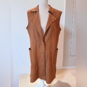 Solitaire Faux Suede Long Congac Brown Vest Trench Womans XL Western Lagenlook